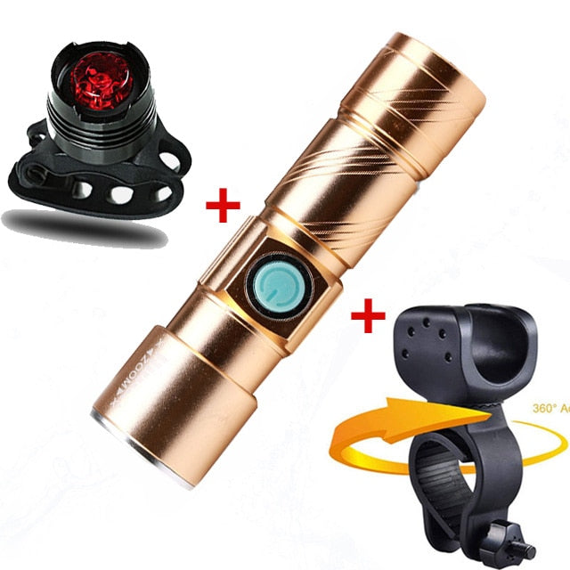 3 in1- 8000 Lumen Bike Bicycle Light Set. USB rechargeable. LED Waterproof Super Bright Zoom Headlight & Rear light