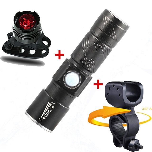 3 in1- 8000 Lumen Bike Bicycle Light Set. USB rechargeable. LED Waterproof Super Bright Zoom Headlight & Rear light