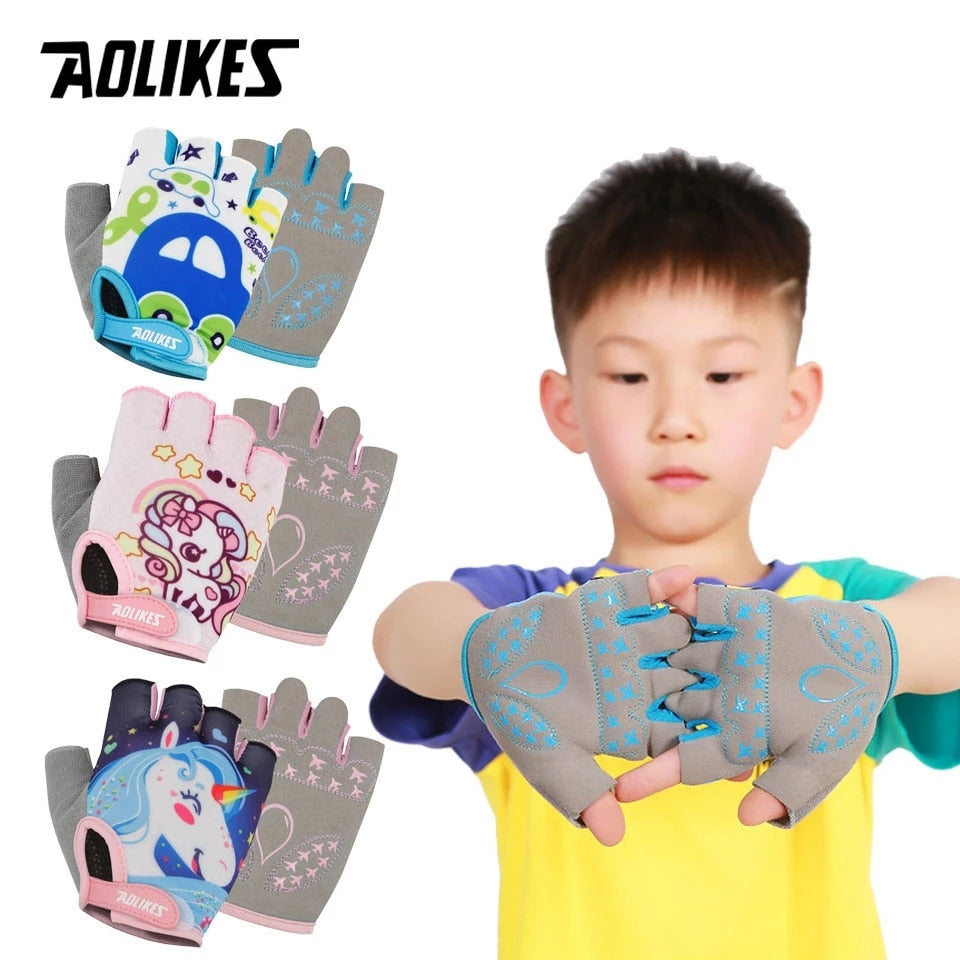 AOLIKES Kids Cycling Gloves,  Half Finger Skate Child Mountain Bike Gloves for Boys and Girls.