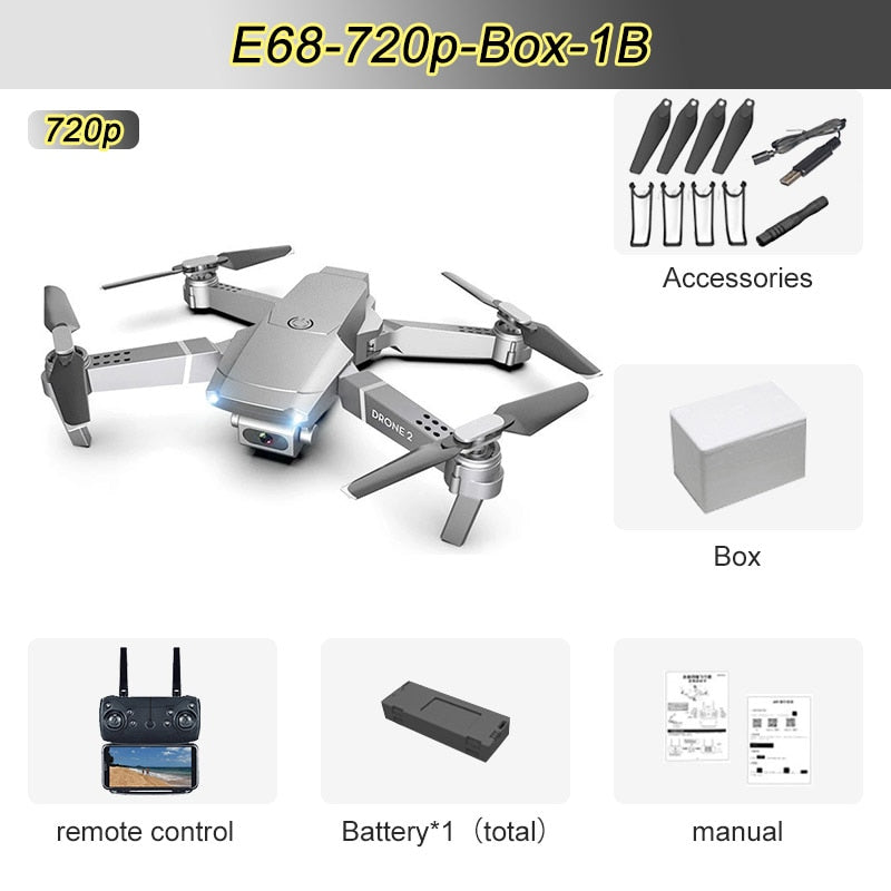 JINHENG E68 Mini RC Drone 4K, 1080P, HD Camera, Wifi, FPV, and Air Pressure Altitude  Mode. Fold-able Quad-copter.