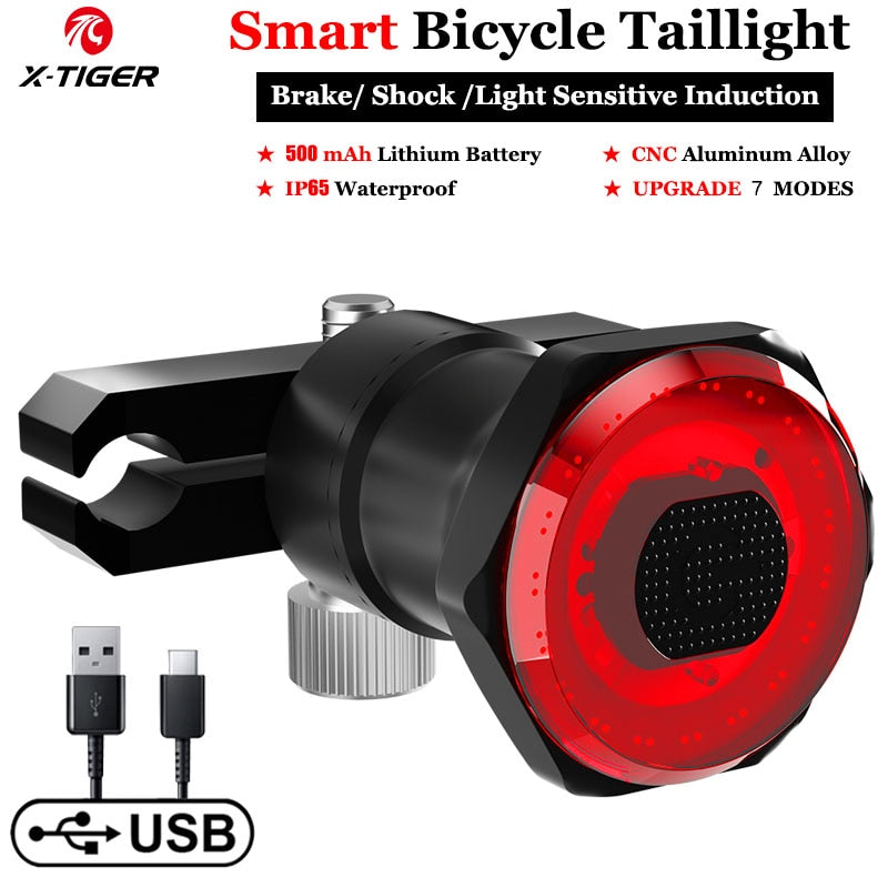 X-Tiger Bike Rear Light, Waterproof LED Charging Bicycle Smart Auto Brake Sensing Light Accessories Bike Taillight Light