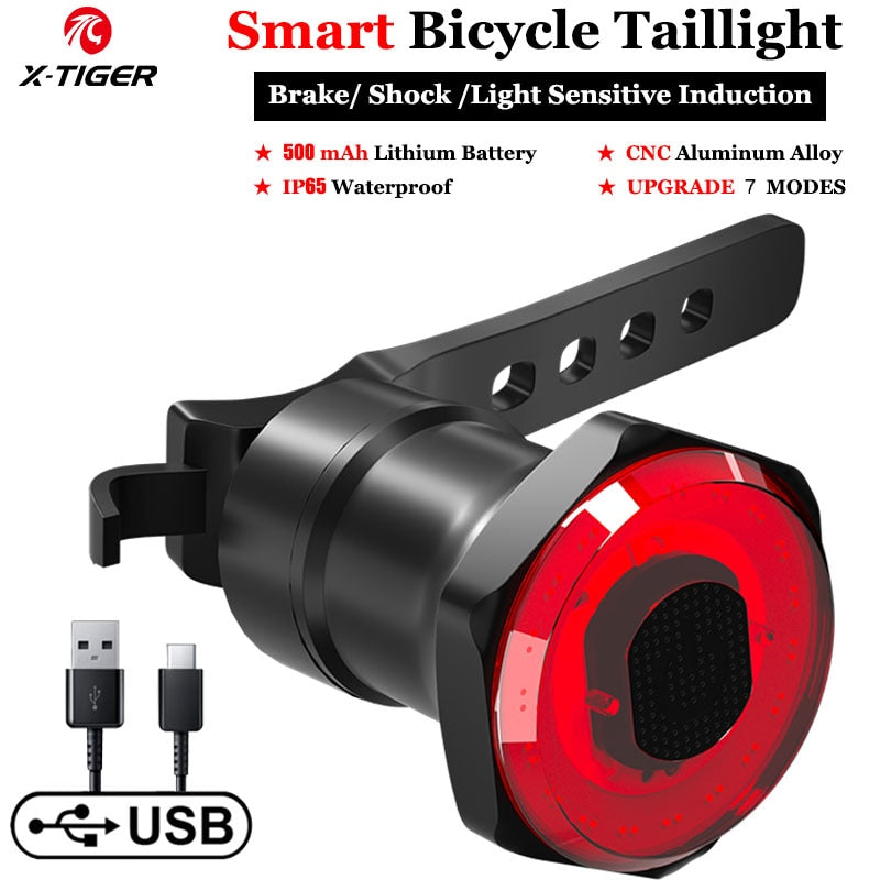X-Tiger Bike Rear Light, Waterproof LED Charging Bicycle Smart Auto Brake Sensing Light Accessories Bike Taillight Light