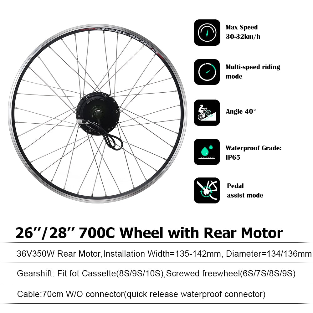 36V 350W Electric Bicycle Engine 27.5, 700C Cassette Screwed Rear Motor Wheel Ebike Conversion Kit with Battery