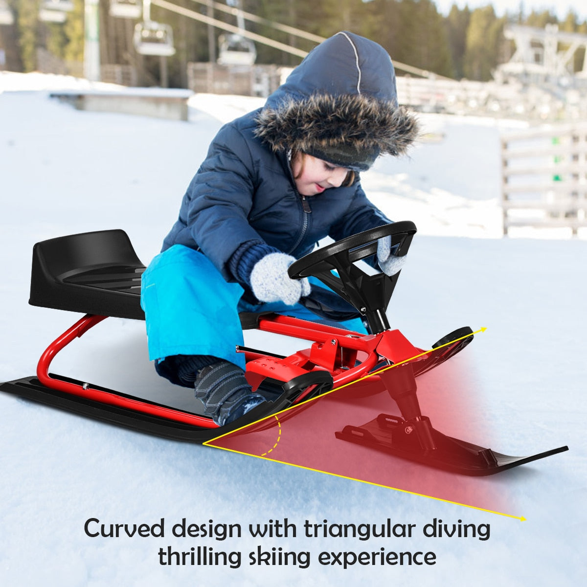 Kids Snow Racer Sled w/ Steering Wheel, Double Brakes, & Pull Rope Iron.