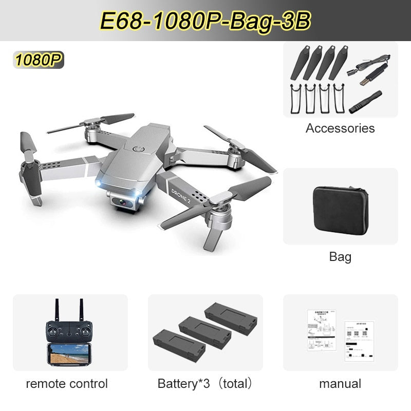 JINHENG E68 Mini RC Drone 4K, 1080P, HD Camera, Wifi, FPV, and Air Pressure Altitude  Mode. Fold-able Quad-copter.