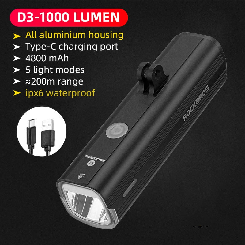 ROCKBROS Bike Front Light Rainproof USB Rechargeable Bicycle Light 1000LM Cycling Headlight LED