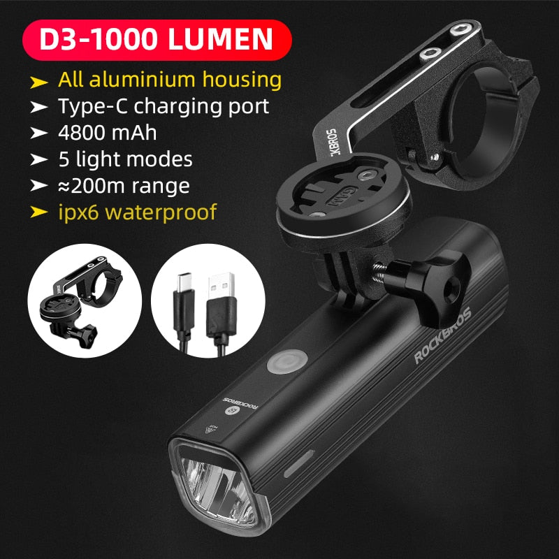 ROCKBROS Bike Front Light Rainproof USB Rechargeable Bicycle Light 1000LM Cycling Headlight LED