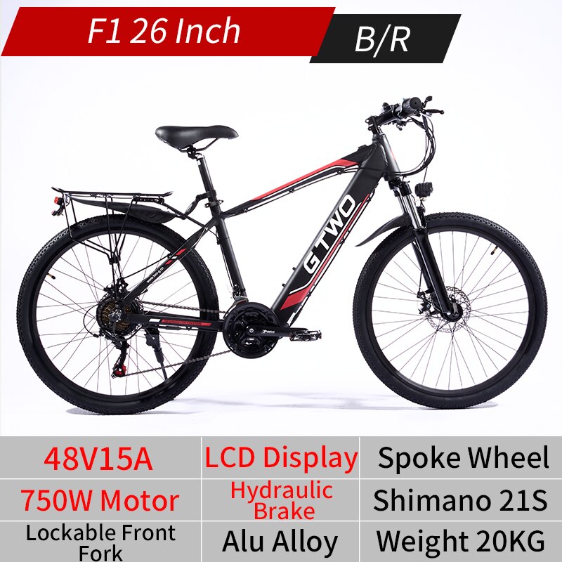 EU Stock F1 26/27.5 Inch 48V15A Electric Bicycle Ebike 350W/500W/750W Brushless Motor 21/27S Shifter Double Disc Brake