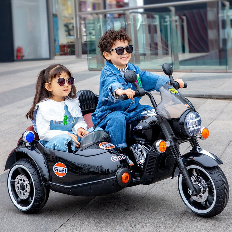 Children 12V Rechargeable Electric Motorcycle Ride on Car 2 PeopleTandem Tricycle for Kids Electric Cars Vehicles