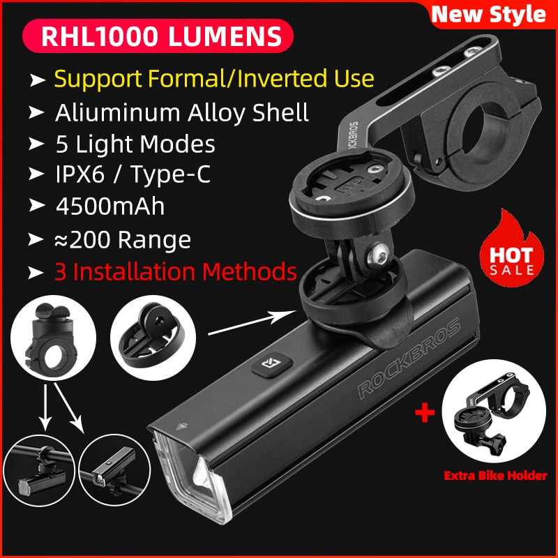 ROCKBROS Bike Front Light Rainproof USB Rechargeable Bicycle Light 1000LM Cycling Headlight LED