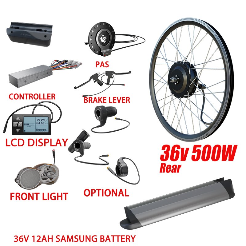 Electric Bike Conversion Kit 36V 500W Front & Rear Wheel Brushless Hub Motor Brushless 20-29 Inch e-bike kit. 12 Ah Samsung Battery