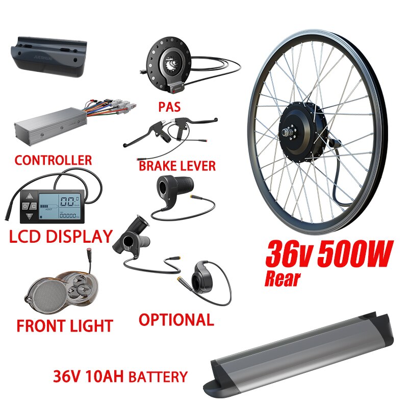 Electric Bike Conversion Kit 36V 500W Front & Rear Wheel Brushless Hub Motor Brushless 20-29 Inch e-bike kit. 12 Ah Samsung Battery