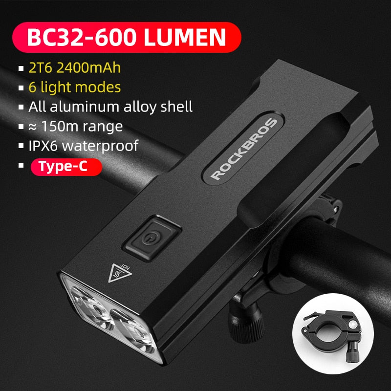 ROCKBROS Bike Light Rainproof USB Rechargeable LED 2000mAh MTB Front Lamp Headlight Aluminum.