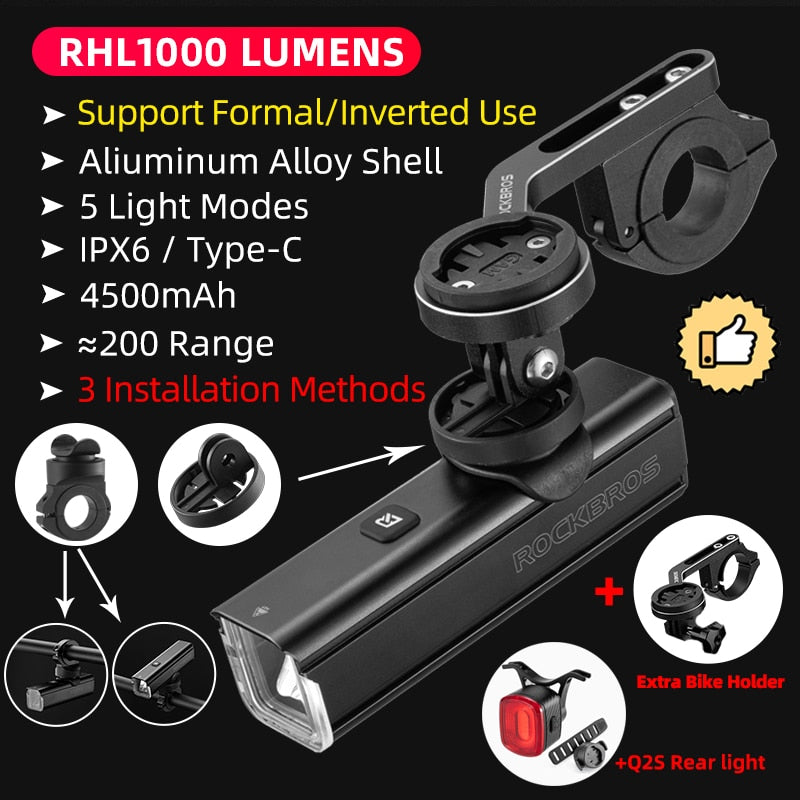 ROCKBROS Bike Front Light Rainproof USB Rechargeable Bicycle Light 1000LM Cycling Headlight LED