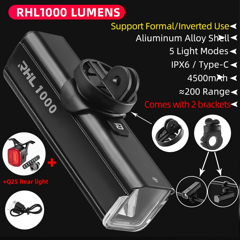 ROCKBROS Bike Front Light Rainproof USB Rechargeable Bicycle Light 1000LM Cycling Headlight LED