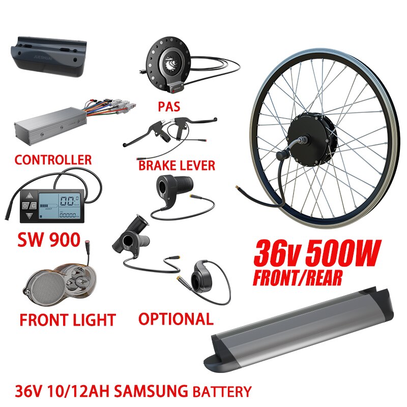Electric Bike Conversion Kit 36V 500W Front & Rear Wheel Brushless Hub Motor Brushless 20-29 Inch e-bike kit. 12 Ah Samsung Battery