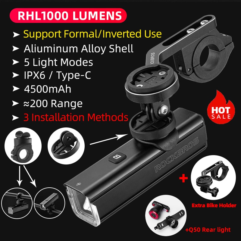 ROCKBROS Bike Front Light Rainproof USB Rechargeable Bicycle Light 1000LM Cycling Headlight LED