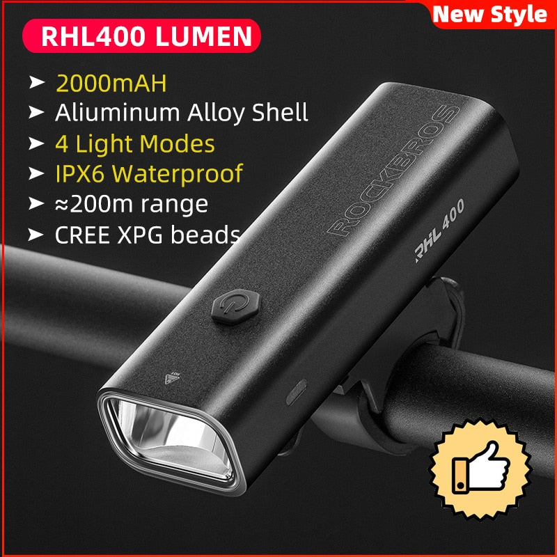 ROCKBROS Bike Light Rainproof USB Rechargeable LED 2000mAh MTB Front Lamp Headlight Aluminum.