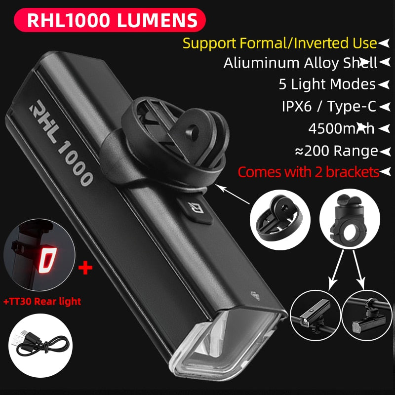 ROCKBROS Bike Front Light Rainproof USB Rechargeable Bicycle Light 1000LM Cycling Headlight LED