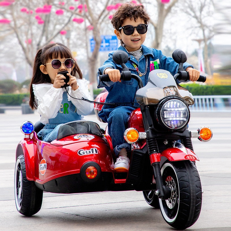 Children 12V Rechargeable Electric Motorcycle Ride on Car 2 PeopleTandem Tricycle for Kids Electric Cars Vehicles