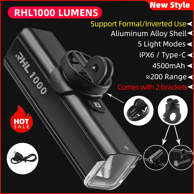 ROCKBROS Bike Front Light Rainproof USB Rechargeable Bicycle Light 1000LM Cycling Headlight LED