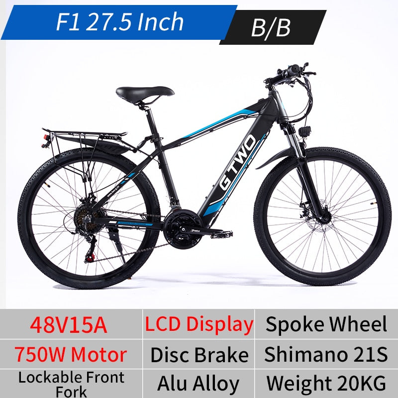 EU Stock F1 26/27.5 Inch 48V15A Electric Bicycle Ebike 350W/500W/750W Brushless Motor 21/27S Shifter Double Disc Brake