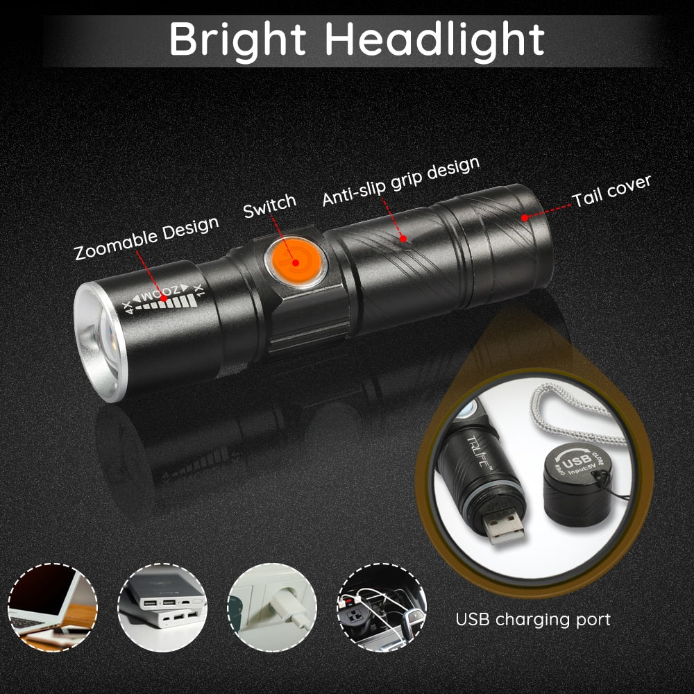 3 in1- 8000 Lumen Bike Bicycle Light Set. USB rechargeable. LED Waterproof Super Bright Zoom Headlight & Rear light