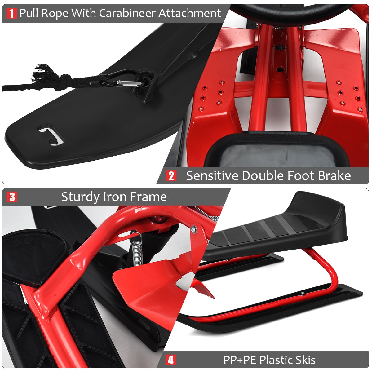 Kids Snow Racer Sled w/ Steering Wheel, Double Brakes, & Pull Rope Iron.