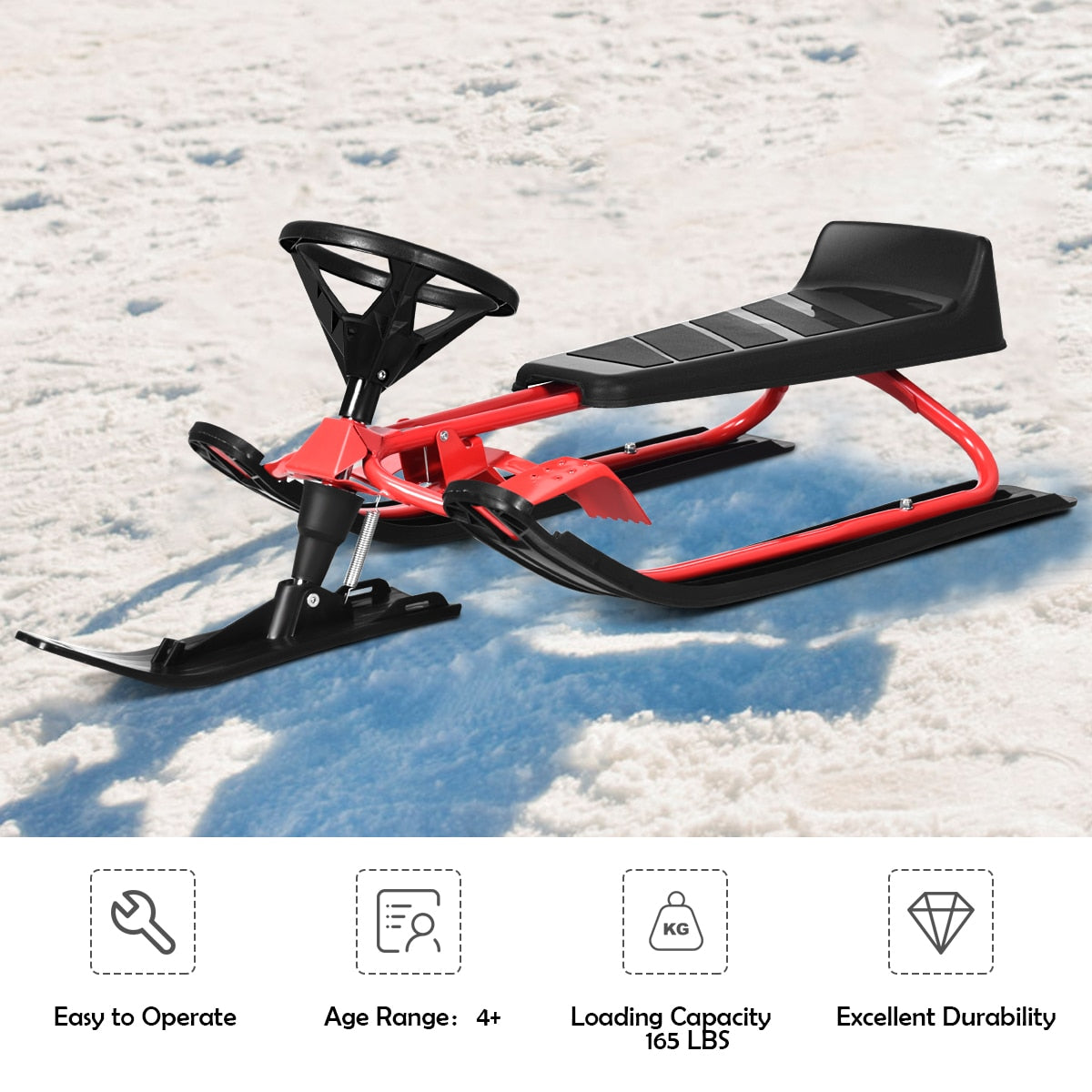 Kids Snow Racer Sled w/ Steering Wheel, Double Brakes, & Pull Rope Iron.