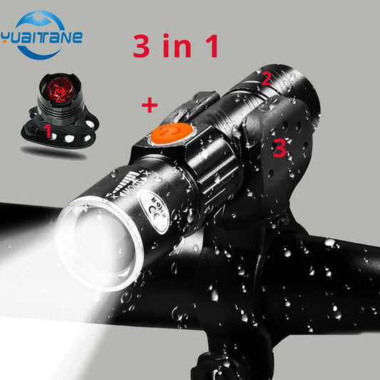 3 in1- 8000 Lumen Bike Bicycle Light Set. USB rechargeable. LED Waterproof Super Bright Zoom Headlight & Rear light