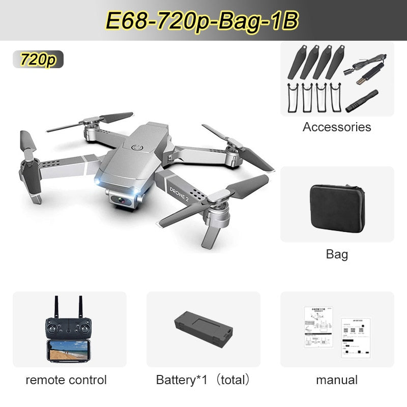 JINHENG E68 Mini RC Drone 4K, 1080P, HD Camera, Wifi, FPV, and Air Pressure Altitude  Mode. Fold-able Quad-copter.
