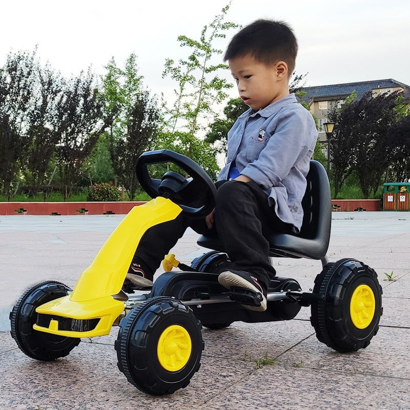 Kids 4 Wheel Ride On Car with Racing Steering Wheel, 3-8 Years Old Children Pedal Go Kart with Hand Brake