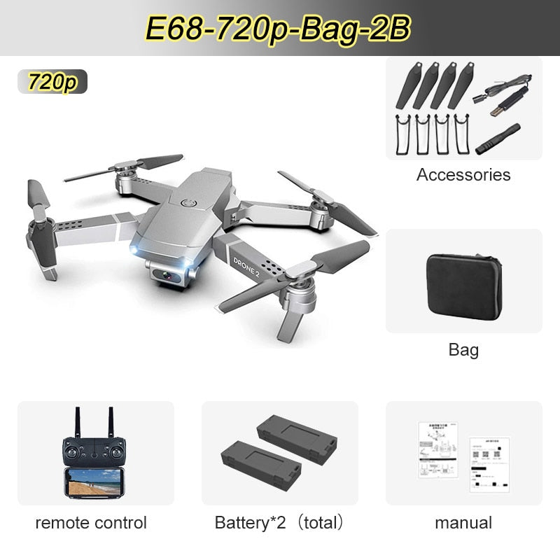 JINHENG E68 Mini RC Drone 4K, 1080P, HD Camera, Wifi, FPV, and Air Pressure Altitude  Mode. Fold-able Quad-copter.
