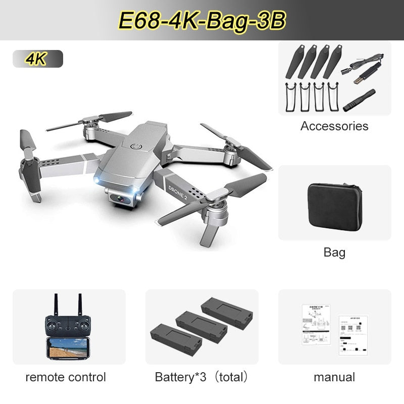 JINHENG E68 Mini RC Drone 4K, 1080P, HD Camera, Wifi, FPV, and Air Pressure Altitude  Mode. Fold-able Quad-copter.