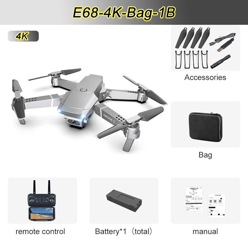 JINHENG E68 Mini RC Drone 4K, 1080P, HD Camera, Wifi, FPV, and Air Pressure Altitude  Mode. Fold-able Quad-copter.