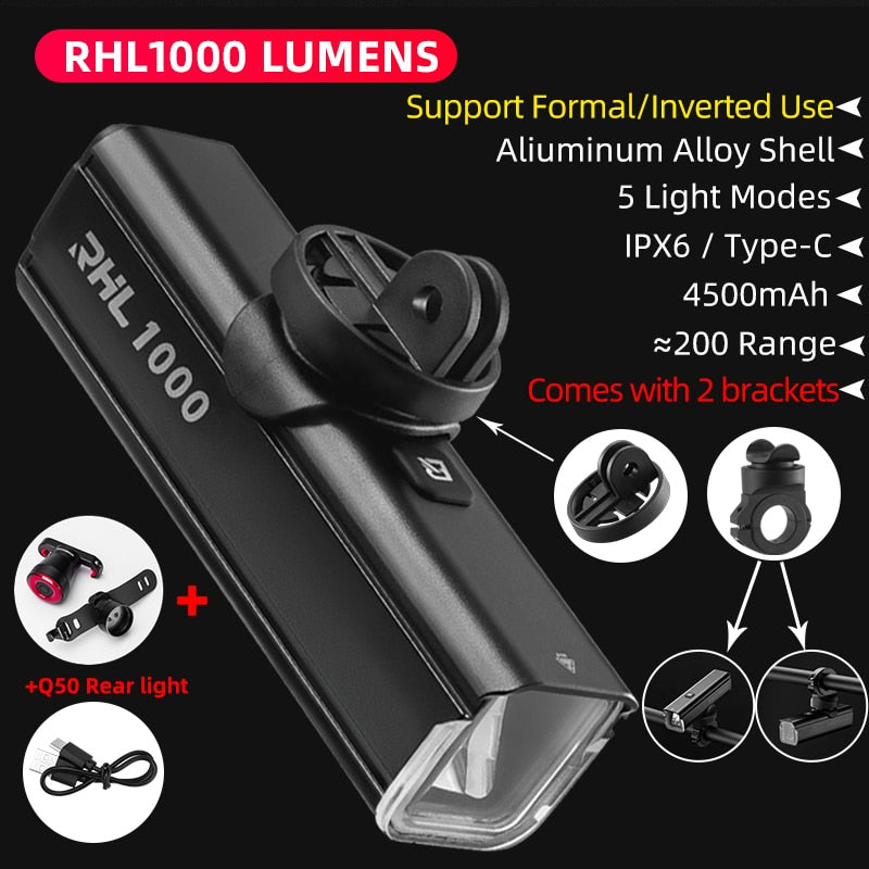 ROCKBROS Bike Front Light Rainproof USB Rechargeable Bicycle Light 1000LM Cycling Headlight LED