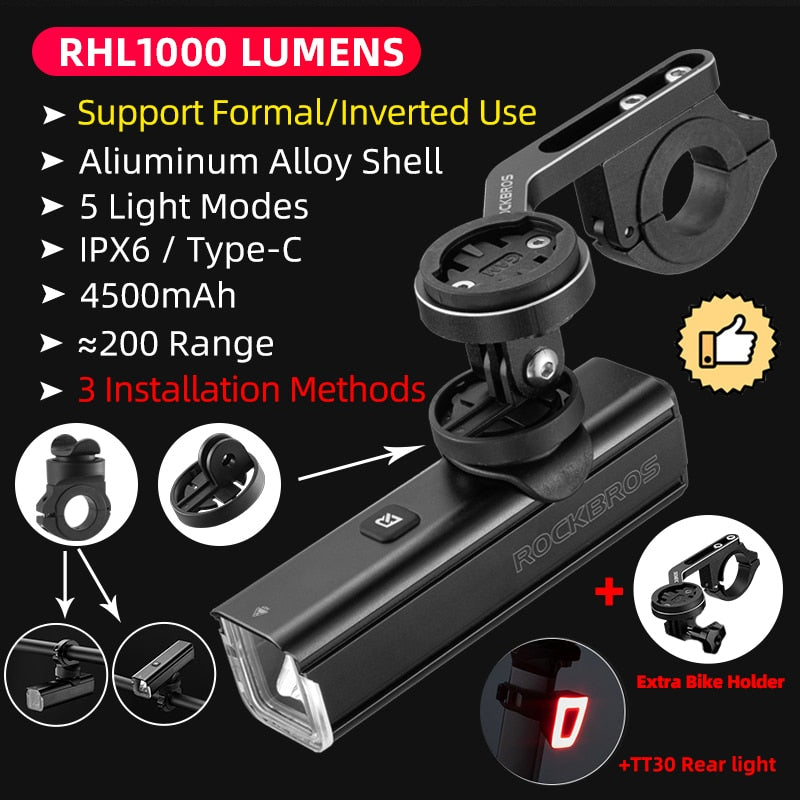 ROCKBROS Bike Front Light Rainproof USB Rechargeable Bicycle Light 1000LM Cycling Headlight LED