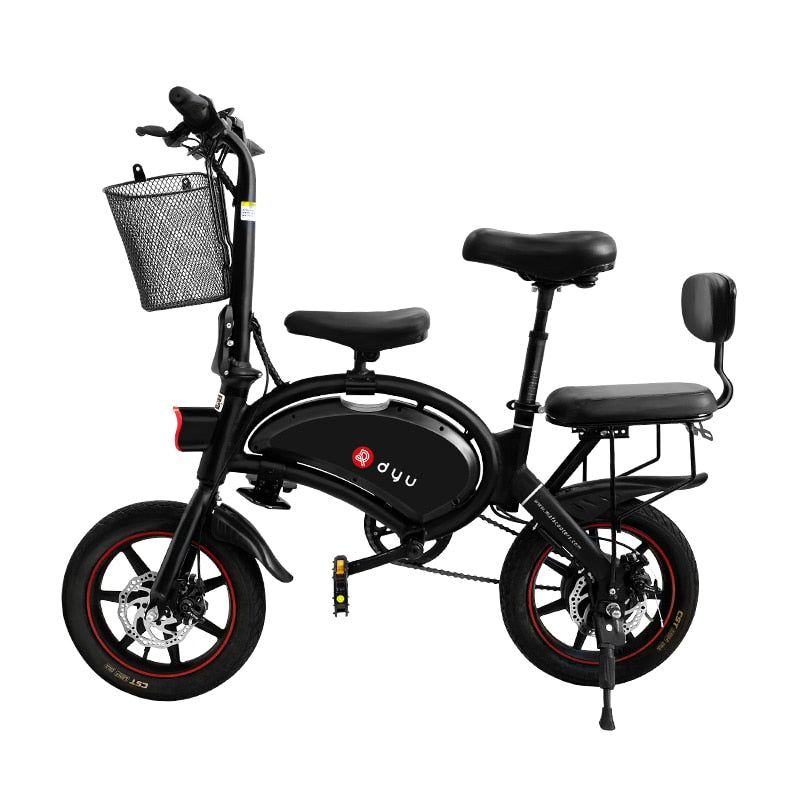 DYU D3F E Bike with Basket 10AH Fat Wheel Electric Scooter Retrofit Three Seats Mini Bike for Kids Adult