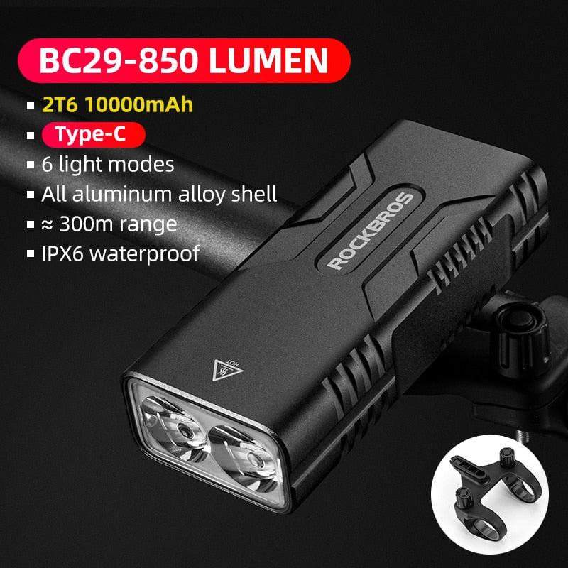 ROCKBROS Bike Light Rainproof USB Rechargeable LED 2000mAh MTB Front Lamp Headlight Aluminum.