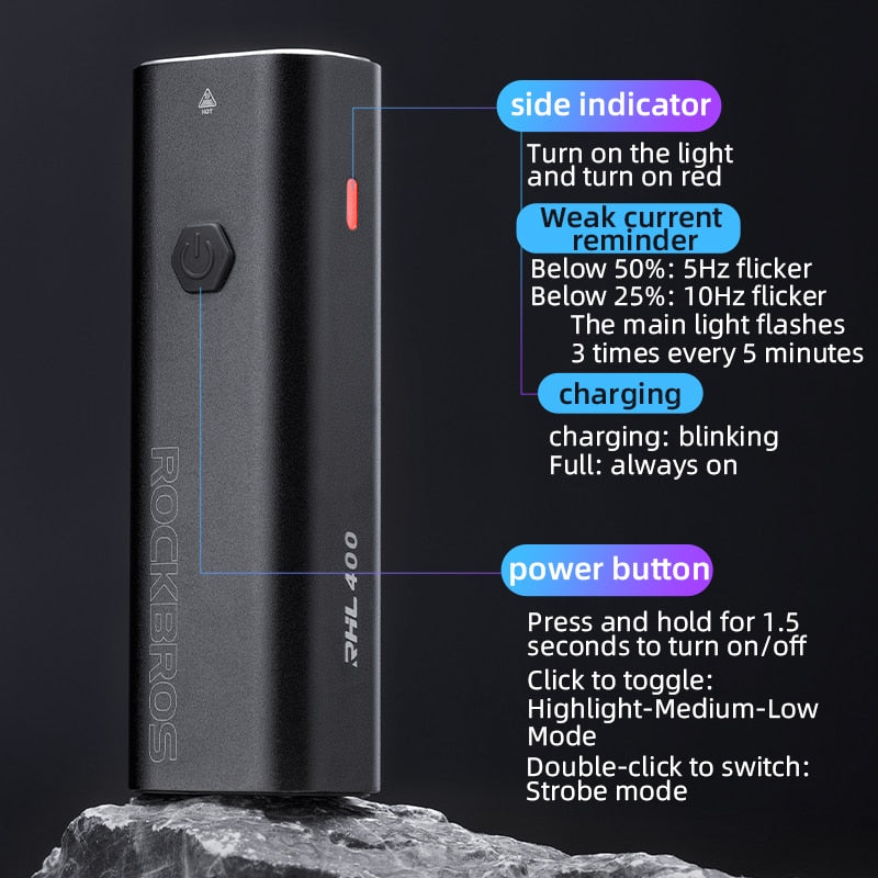 ROCKBROS Bike Light Rainproof USB Rechargeable LED 2000mAh MTB Front Lamp Headlight Aluminum.