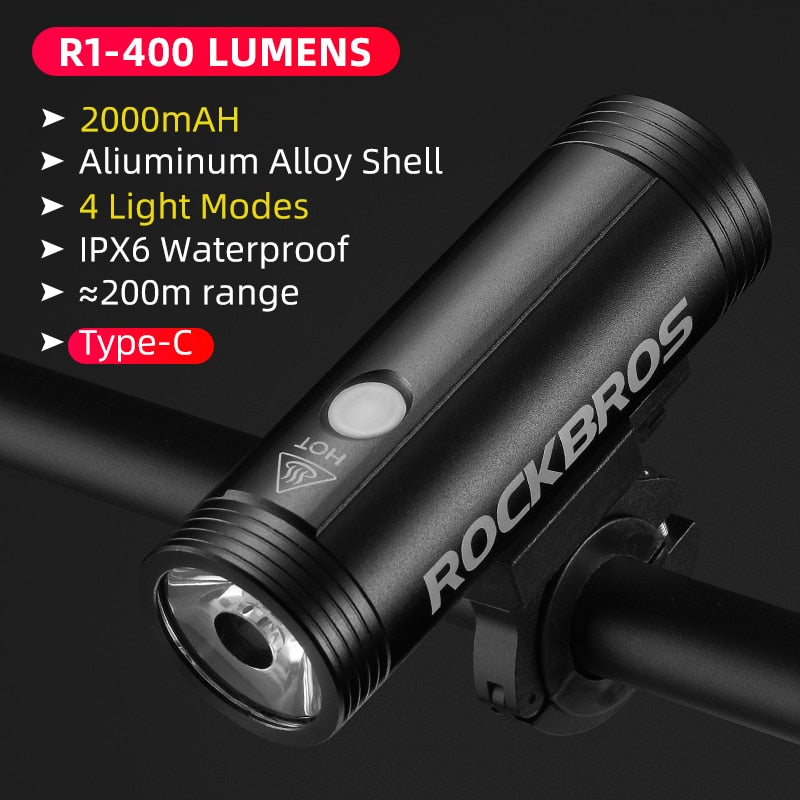 ROCKBROS Bike Light Rainproof USB Rechargeable LED 2000mAh MTB Front Lamp Headlight Aluminum.
