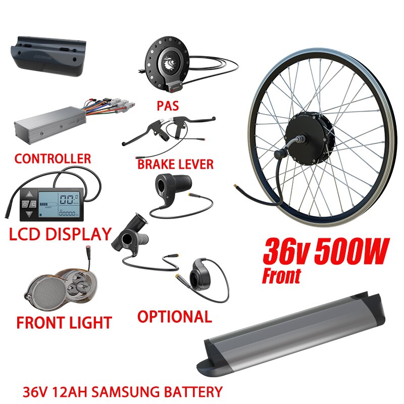 Electric Bike Conversion Kit 36V 500W Front & Rear Wheel Brushless Hub Motor Brushless 20-29 Inch e-bike kit. 12 Ah Samsung Battery