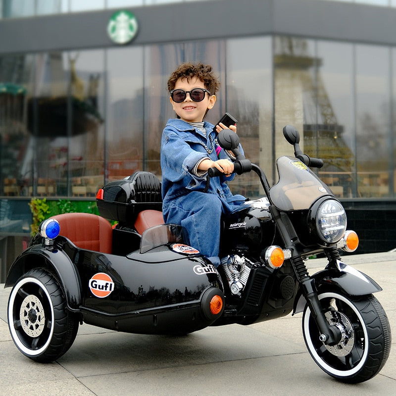 Children 12V Rechargeable Electric Motorcycle Ride on Car 2 PeopleTandem Tricycle for Kids Electric Cars Vehicles