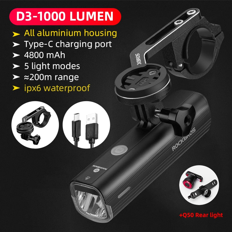 ROCKBROS Bike Front Light Rainproof USB Rechargeable Bicycle Light 1000LM Cycling Headlight LED